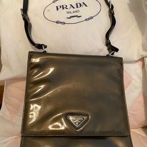 Prada Metallic taupe patent leather purse